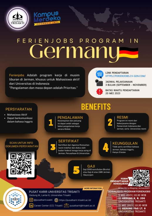 Sosialisasi FERIENJOB PROGRAM IN GERMANY - 11 Mei 2023|10.30 WIB| di gd F & G, Lt. 8 FTI Universitas Trisakti